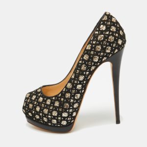 Giuseppe Zanotti Black/Gold Mesh and Glitter Platform Pumps Size 41, Pumps - Luxury Closet
