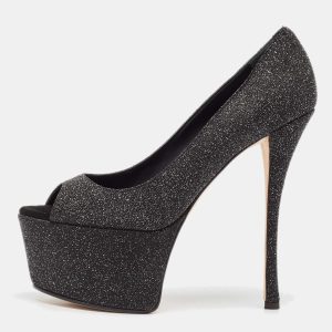 Giuseppe Zanotti Black Glitter Suede Platform Peep Toe Pumps Size 39.5, Pumps - Luxury Closet catalog
