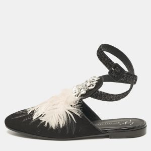 Giuseppe Zanotti Black/Pink Feather and Suede Ankle Strap Mules Size 38, Sandals - Luxury Closet
