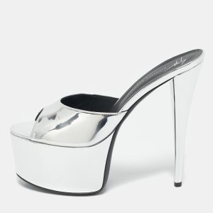 Giuseppe Zanotti Silver Leather Platform Slide Sandals Size 41, Sandals - Luxury Closet