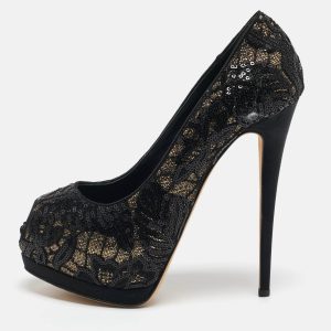 Giuseppe Zanotti Black Glitter and Sequins Peep Toe Pumps Size 39.5, Pumps - Luxury Closet