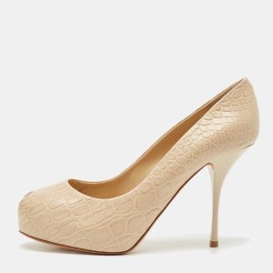 Giuseppe Zanotti Beige  Croc Embossed Leather Sharon Peep Toe Platform Pumps Size 41, Pumps - Luxury Closet