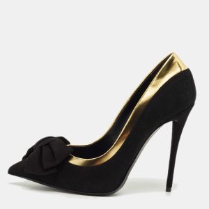 Giuseppe Zanotti Black/Gold Suede and Leather Bow Pumps Size 37.5, Pumps - Luxury Closet