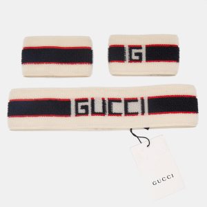 Gucci Beige Logo Stripe Sports Headband & Wristbands Set M, Apparel & Accessories - Luxury Closet catalog