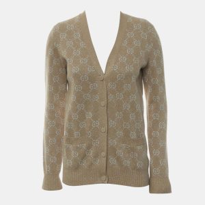Gucci Light Brown, Camel, Beige Cotton, Metallised Fiber, GG Jacquard Cardigan XS, Sweaters & Cardigans - Luxury Closet
