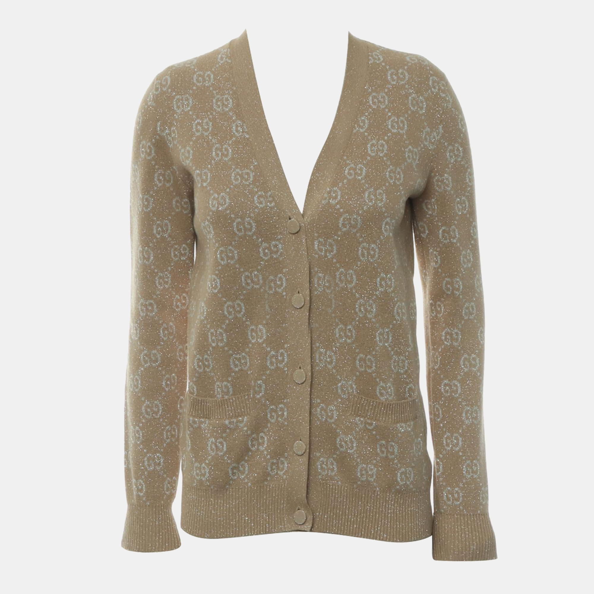 Gucci Light Brown, Camel, Beige Cotton, Metallised Fiber, GG Jacquard Cardigan XS, Sweaters & Cardigans - Luxury Closet