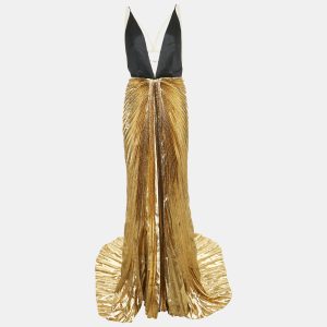 Gucci Metallic Gold Satin Silk and Lame Plisse Harness Detail Gown L, Dresses - Luxury Closet