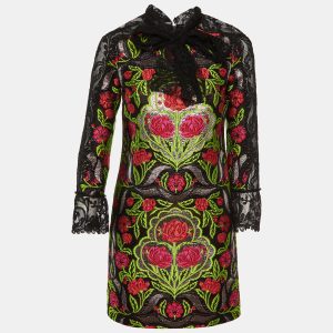 Gucci Black Floral Jacquard Lace Trim Mini Dress S, Dresses - Luxury Closet