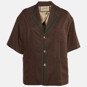 Gucci Brown Web Stripe Linen Blend Bowling Shirt S, Shirts & Tops - Luxury Closet