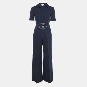Gucci Navy Blue Wool Blend Logo Belted Flared Jumpsuit S, Suits - Luxury Closet catalog