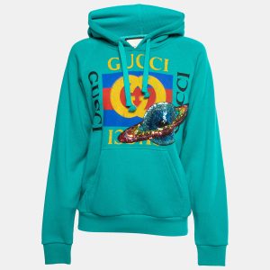 Gucci Teal Blue Cotton Planet Sequined Hooded Sweatshirt XS, Clothing - Luxury Closet