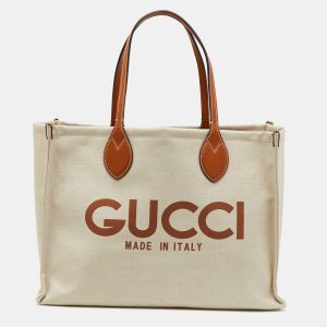 Gucci Beige/Light Brown Canvas and Leather Logo Printed Medium Tote, Tote Handbags - Luxury Closet catalog