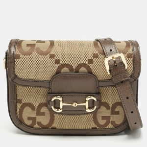 Gucci Brown/Beige Jumbo GG Canvas and Leather Mini Horsebit 1955 Shoulder Bag, Shoulder Bags - Luxury Closet