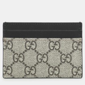 Gucci Black/Beige GG Supreme Canvas and Leather Card Holder, Wallets & Money Clips - Luxury Closet