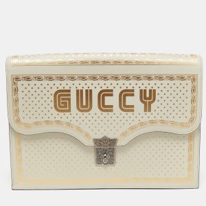Gucci Off White Leather Guccy Portfolio Clutch, Clutches & Special Occasion Bags - Luxury Closet