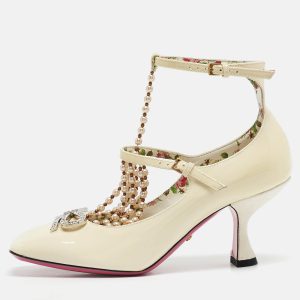 Gucci Cream Patent Leather Pearl Embellished T-Strap Pumps Size 35, Pumps - Luxury Closet catalog
