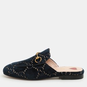 Gucci Blue/Gold GG Velvet Princetown Horsebit Flat Mules Size 34.5, Sandals - Luxury Closet catalog