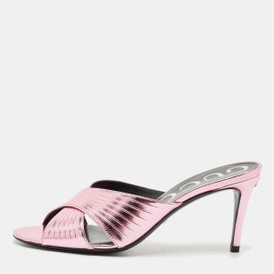 Gucci Metallic Pink Leather Criss Cross Slide Sandals Size 37, Sandals - Luxury Closet