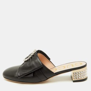 Gucci Black Leather Candy Bow Crystal Embellished Mules Size 36.5, Sandals - Luxury Closet catalog