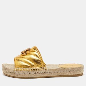Gucci Metallic Gold Leather GG Marmont Pilar Espadrille Flat Slide Sandals Size 35, Sandals - Luxury Closet