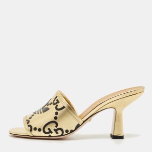 Gucci x Adidas Gold Leather Nappa Silk Slide Sandal Size 36, Sandals - Luxury Closet