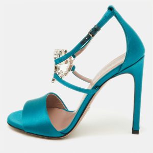 Gucci Teal Satin Crystal Embellished Interlocking G Ankle Strap Sandals Size 36, Sandals - Luxury Closet