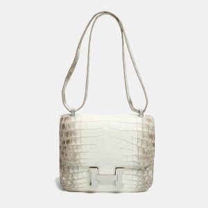 Herm&egrave;s Blanc Crocodile Niloticus Himalaya Palladium Finish Constance III 24 Bag, Shoulder Bags - Luxury Closet