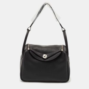 Hermes Noir Taurillon Clemence Leather Palladium Finish Lindy 30 Bag, Shoulder Bags - Luxury Closet