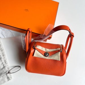 Hermes Flame Orange Leather Mini Lindy Bag, Shoulder Bags - Luxury Closet