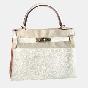 Hermes Kelly 28 Cream White Leather Top Handle Bag, Tote Handbags - Luxury Closet