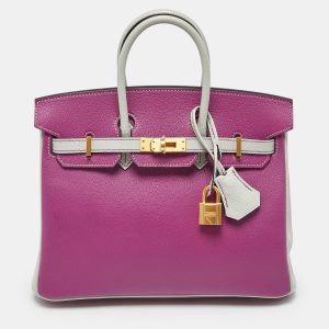 Hermes Rose Pourpre/Gris Perle Leather Gold Finish Birkin 25 Bag, Tote Handbags - Luxury Closet