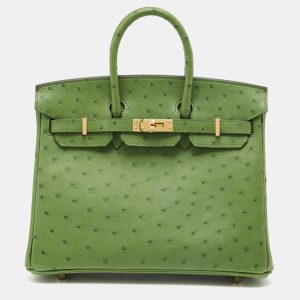 Herm&egrave;s Vert Yucca Ostrich Gold Finish Birkin 25 Bag, Tote Handbags - Luxury Closet catalog