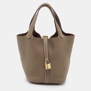 Herm&egrave;s Etoupe Taurillon Clemence Leather Picotin Lock 18 Bag, Tote Handbags - Luxury Closet catalog