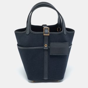 Herm&egrave;s Bleu Marine/Noir Toile Goeland and Swift Leather Cargo Picotin Lock 18 Bag, Tote Handbags - Luxury Closet catalog