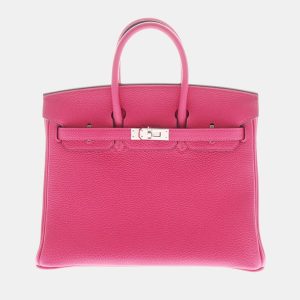 Hermes Pink Togo Leather Palladium Finish Birkin 25 Bag, Tote Handbags - Luxury Closet