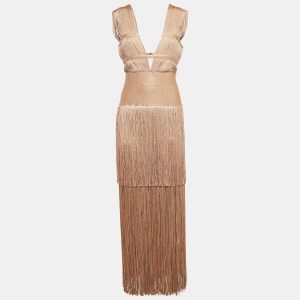 Herve Leger Metallic Lurex Knit Fringed Bodycon Evening Gown M, Dresses - Luxury Closet