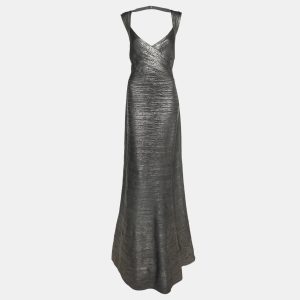 Herve Leger Dark Grey Woodgrain Foil Print Camilla Bandage Gown L, Dresses - Luxury Closet