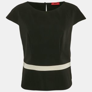 Hugo Boss Black Crepe Contrast Trim Cotine Top L, Shirts & Tops - Luxury Closet