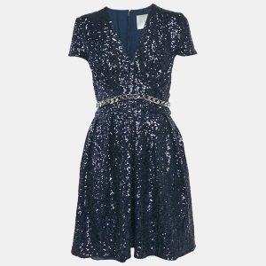 INGIE Paris Navy Blue Sequin V-Neck Mini Dress S, Dresses - Luxury Closet