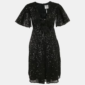 INGIE Paris Black Lace Sequin V-Neck Flared Short Dress M, Dresses - Luxury Closet