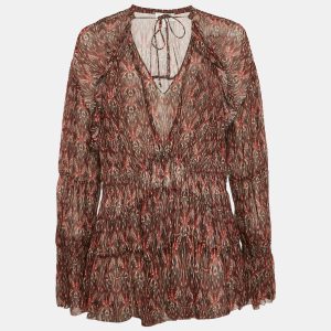 IRO Red Printed Semi-Sheer Crepe V-Neck Janie Top M, Shirts & Tops - Luxury Closet catalog