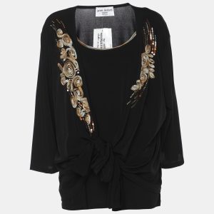 James Lakeland Luxury Black Stretch Crepe Sequin Embellished Cardigan Set XXL, Sweaters & Cardigans - Luxury Closet