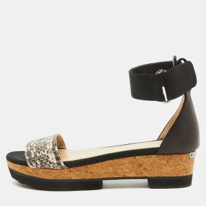 Jimmy Choo Black Snakeskin and Stretch Band Neat Ankle Strap Sandals Size 37.5, Sandals - Luxury Closet
