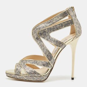 Jimmy Choo Gold Glitter and Leather Karla Sandals Size 39, Sandals - Luxury Closet