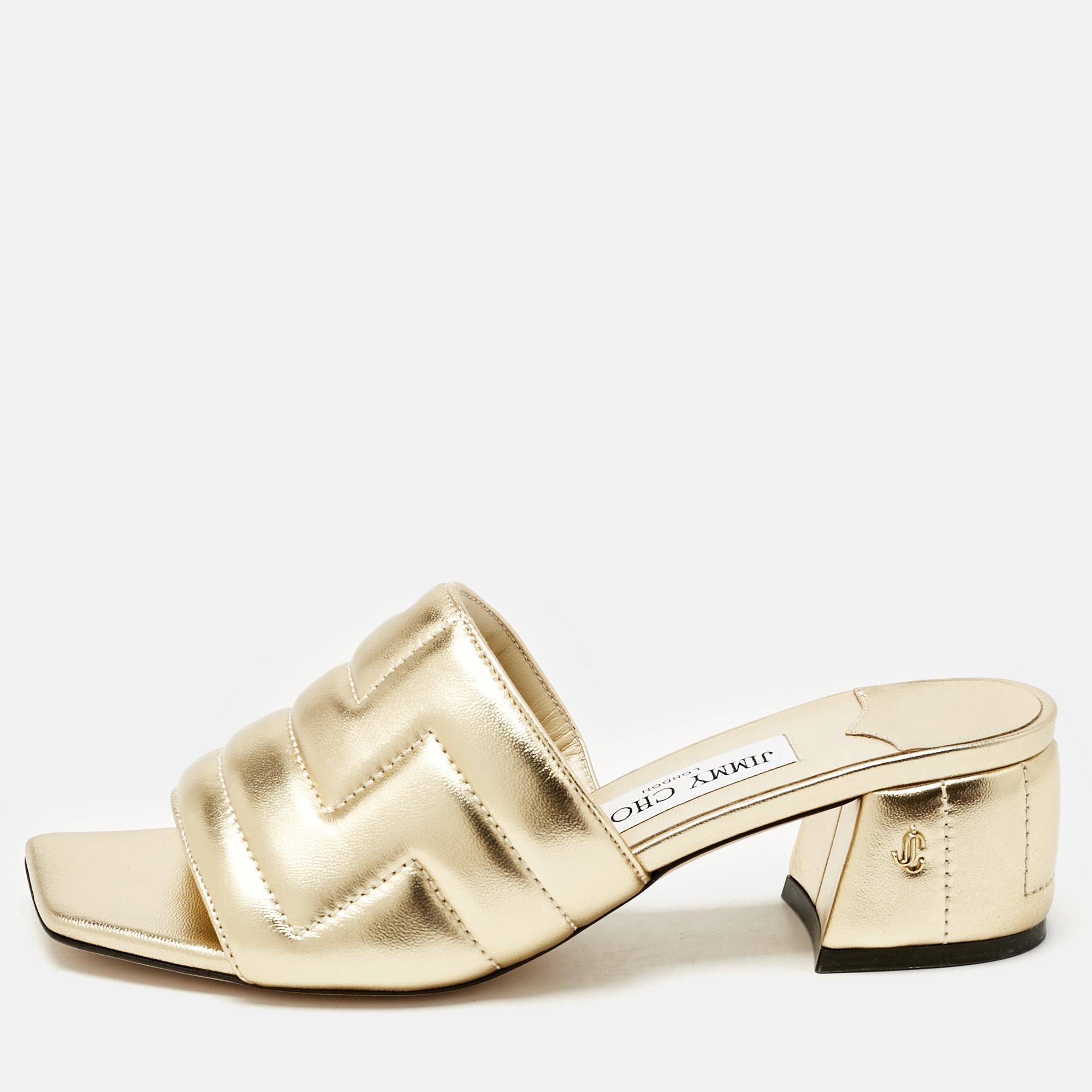 Jimmy Choo Gold Quilted Leather Themis Slide Sandals Size 37, Sandals - Luxury Closet