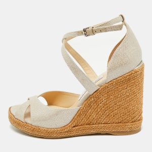 Jimmy Choo Beige Textured Cork Alanah Wedges Ankle Strap Sandals Size 39, Sandals - Luxury Closet