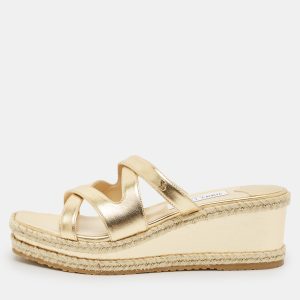 Jimmy Choo Gold Leather Wedge Slide Sandals Size 38, Sandals - Luxury Closet