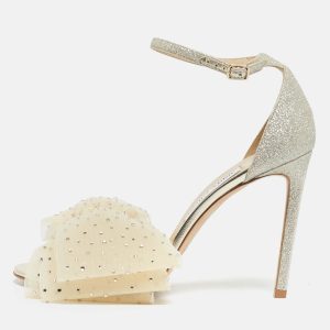 Jimmy Choo Gold Glitter and Mesh Aveline Ankle Strap Sandals Size 40, Sandals - Luxury Closet