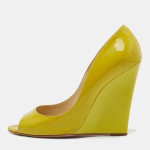 Jimmy Choo Yellow Patent Leather Bello Peep Toe Wedge Pumps Size 38, Pumps - Luxury Closet catalog