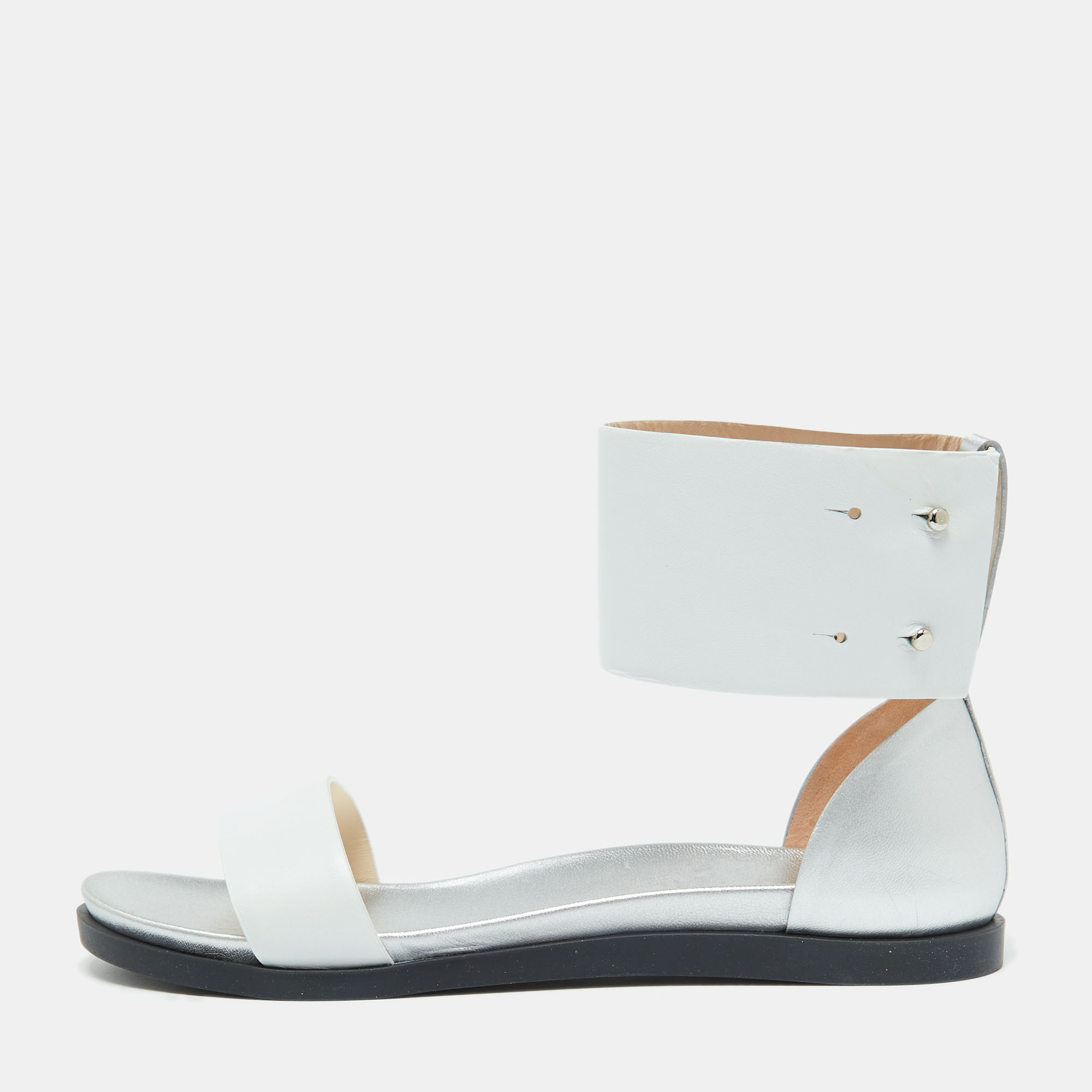 Joseph White/Silver Leather Ankle Strap Flat Sandals Size 40, Sandals - Luxury Closet catalog